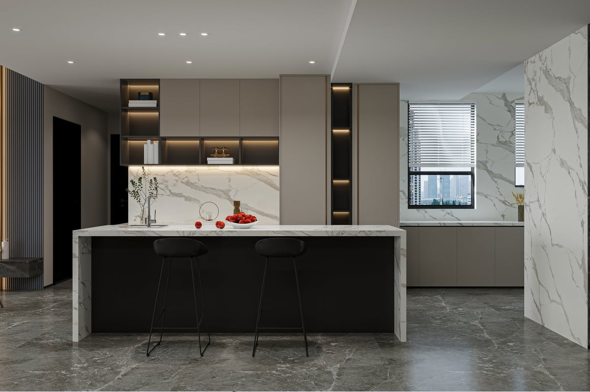 Modern Luxury Kitchen Interior with Marble Island and Bar Stools