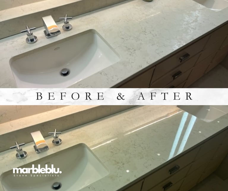 Before and after bathroom vanity countertop restoration showing improved marble surface finish by MarbleBLU Countertops
