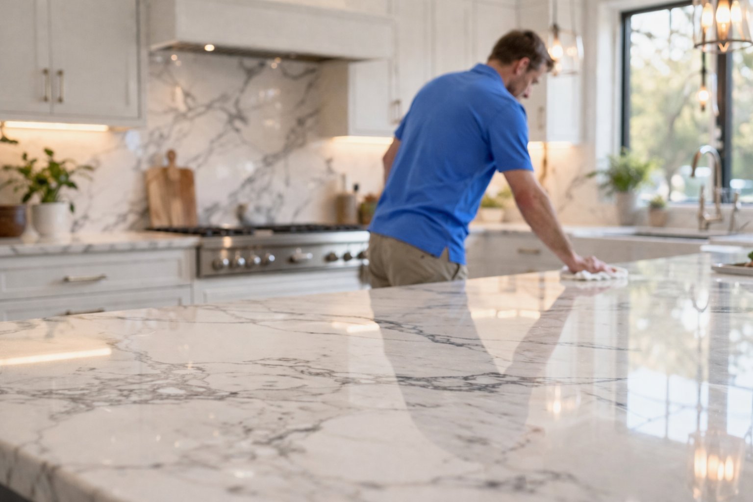Man in blue shirt cleaning white marble kitchen countertop with a cloth